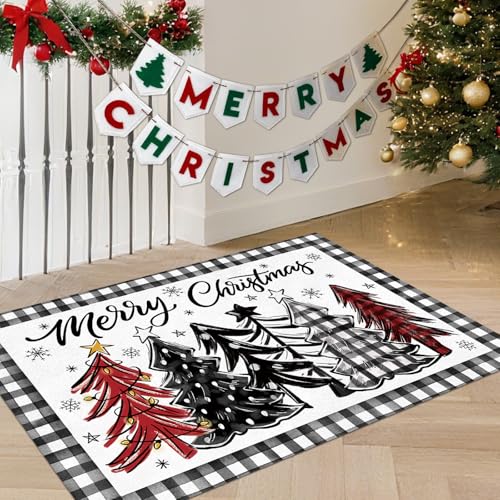Livcoz Waschbarer Teppich, Motiv: Merry Christmas Tree, 60 x 90 cm, weich, rutschfest, kleine Teppiche, Innendekoration, Winterurlaub, Eingangstürmatte, Bodenmatte, Wohnzimmer, Schlafzimmer, Küche von Livcoz