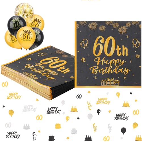 Livdouyu 40 Stück 60 Geburtstag Servietten Schwarz Gold Happy Birthday Servietten Papierservietten 33x33cm, 15 Stück Schwarz Gold Luftballons mit Geburtstag Konfetti für 60. Geburtstag Deko von Livdouyu