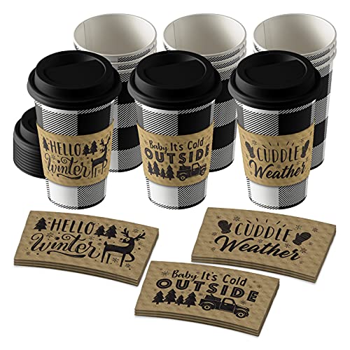 Einweg-Kaffeetassen oder heiße Schokoladentassen – Büffelkariert, 12 ct mit Deckel und Winter-Krafthüllen von Live It Up! Party Supplies