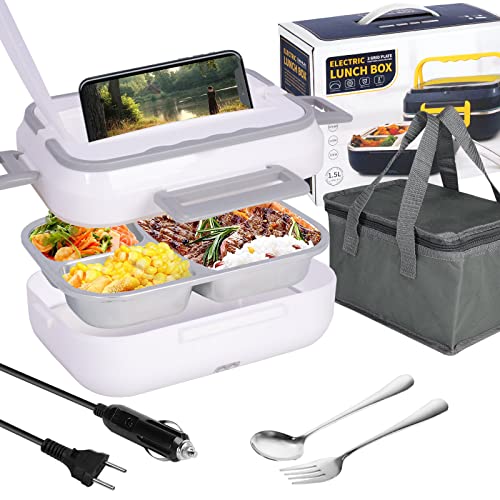 LiveGo Elektrische Lunchbox, 60W 2 in 1 Tragbarer Warmhaltebehälter für Essen, 220V 12V/24V Isolierte Tragetasche Gabel & Löffel für Erwachsene Kinder Arbeit Home Office Auto von LiveGo