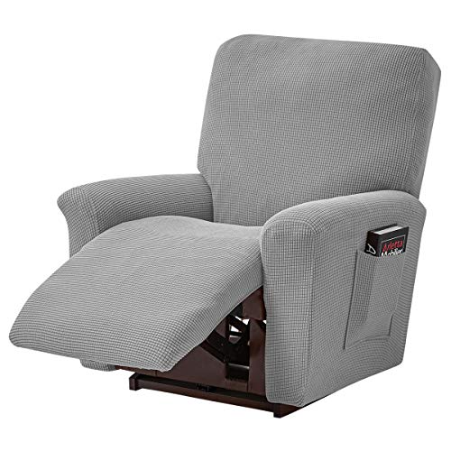 Jacquard-Liegestuhl-Bezüge, Stretch-Polyester, Liegestuhl-Möbelbezug, Sofabezug mit elastischer Unterseite, Seitentasche für Wohnzimmer (Silbergrau) von LiveGo