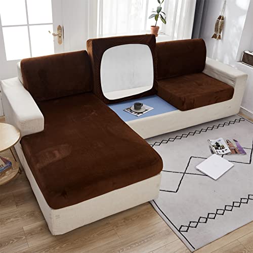 LiveGo 1 2 3-Sitzer Kissen Couchbezug für L-förmige Sofa Chaiselongue, Samtkissen Schonbezug Sofabezug für individuelle Kissen Möbelschutz mit elastischer Unterseite(Braun,1 Sitzbezug) von LiveGo