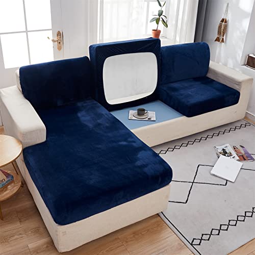 LiveGo 1 2 3-Sitzer Kissen Couchbezug für L-förmige Sofa Chaiselongue, Samtkissen Schonbezug Sofabezug für individuelle Kissen Möbelschutz mit elastischer Unterseite(Navy blau,Chaiselongue) von LiveGo