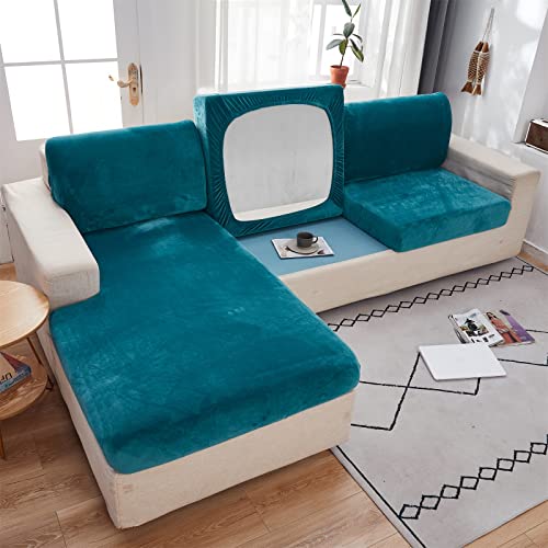 LiveGo 1 2 3-Sitzer Kissen Couchbezug für L-förmige Sofa Chaiselongue, Samtkissen Schonbezug Sofabezug für individuelle Kissen Möbelschutz mit elastischer Unterseite(Säureblau,2 Sitzbezug) von LiveGo