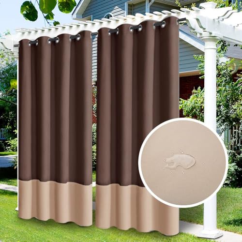 LiveGo Outdoor Vorhänge Wasserdicht, Verdunkelungsvorhang mit Ösen, Vorhang Blickdicht für den Gartenlaube, Schiebetür, Privatsphäre Wärmeisoliert(Kaffee+beige,2 PCS, 52" Wx84 L) von LiveGo