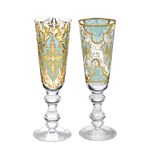 Livellara Milano Flöte 250 ml Glas, 2 Stück, besondere Gläser für Hochzeit, Jahrestag, Abschlussfeier, Farbe Meerwasser, Kollektion: Damaskus von Livellara MILANO