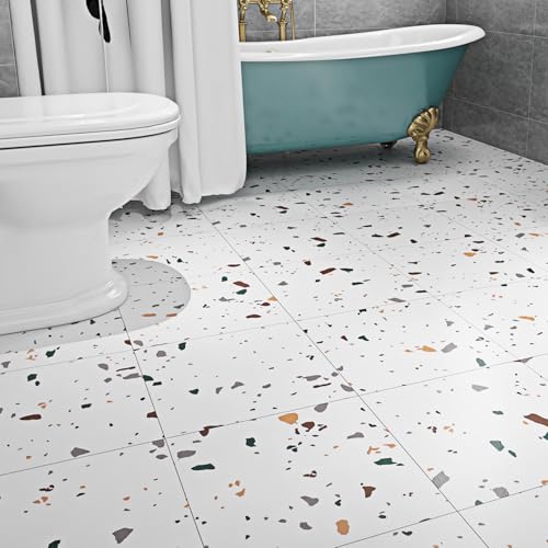 Livelynine 16 Fliesen PVC Bodenbelag Terrazzo Optik Vinylboden Selbstklebend Fliesenoptik Klebefliesen Boden Bad 30CM X 30CM Fliese Abwaschbar Fliesenaufkleber für Küche Laminat Bodenfliesen Weiß von Livelynine