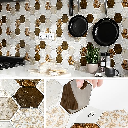 Livelynine 16 Stück Selbstklebende Fliesen Küche Wand Hexagon 30.5x30.5CM Fliesenaufkleber Bad Holzoptik Vintage Fliesenfolie Küche Hitzebeständig Abwaschbar Fliesensticker Badezimmer Küchenrückwand von Livelynine