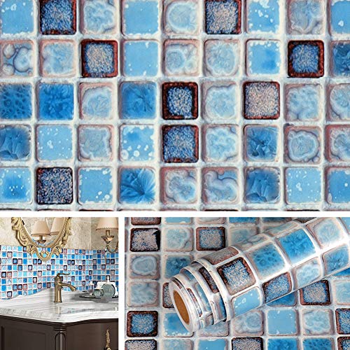 Livelynine 40CMx5M Fliesenaufkleber Bad Wasserfest Mosaikfliesen Selbstklebend Blau Fliesenfolie Badezimmer Rolle Klebefliesen Bad Boden Tapete Badezimmer Klebefolie Fliesen Optik PVC Folie Muster von Livelynine