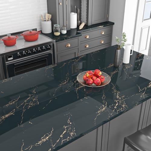 Livelynine Arbeitsplatte Folie Küche Badezimmer Marmor Grün Gold 40CMx10M Marmor Tapete Selbstklebend Wand Küche Bad Modern Abwaschbar Möbelfolie Küche Marmor Türkis Tisch Marmor Folie Badezimmer von Livelynine