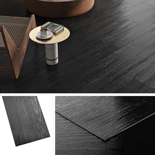 Livelynine Dicke PVC Bodenbelag Selbstklebend Holzoptik Schwarz Wasserdicht Vinylboden Selbstklebend Badezimmer Küche 90x15CM Selbstklebende Fliesen Boden Schwarz Laminatboden Fliesenoptik, 18 Stück von Livelynine