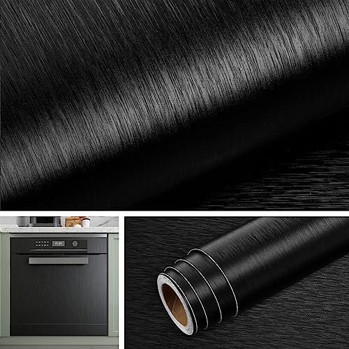 Livelynine Edelstahl Folie Gebürstet Selbstklebend Schwarz Matt 40CMx5M ölbeständig Kühlschrank Folie Selbstklebend Schwarz Selbstklebende Folie Möbel Küchenschränke Küchenrückwand Tapete Schwarz von Livelynine