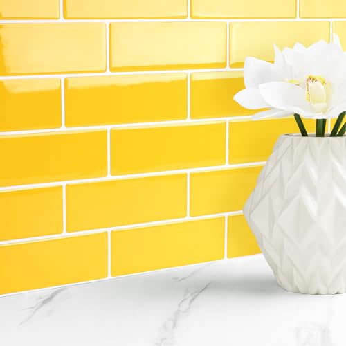 Livelynine Fliesenaufkleber Küche 3D Gelb Klebefliesen Bad Wand Wasserdicht 30x30CM 16-Stück Metro Fliesen Selbstklebend Schellgelb Wandfliesen Selbstklebend 3D Vinyl Fliesen Selbstklebend für Wand von Livelynine