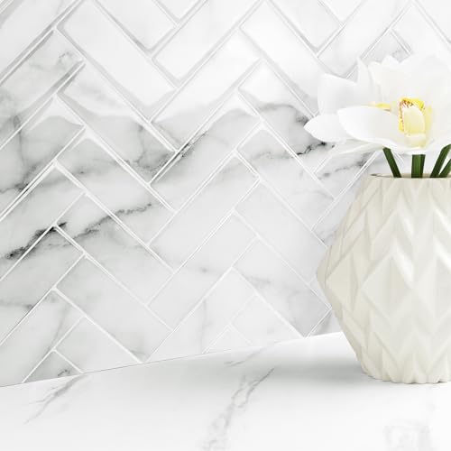 Livelynine Klebefliesen Bad Wand 3D Fliesenaufkleber Küche Grau Weiß Marmor Optik 30x30CM 32-Stück Wandfliesen Selbstklebend Badezimmer PVC Fliesen Selbstklebend Küche Wand Fischgrätenmuster Hellgrau von Livelynine