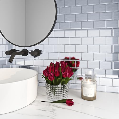 Livelynine Klebefliesen Bad Wand Wasserdicht Klebefliesen Küche 3D Metall Silber 30x30CM 32 Stück Klebe Fliesen Bad Wand Küchenrückwand Edelstahl PVC Fliesen Selbstklebend Küche Wande Wandfliesen von Livelynine