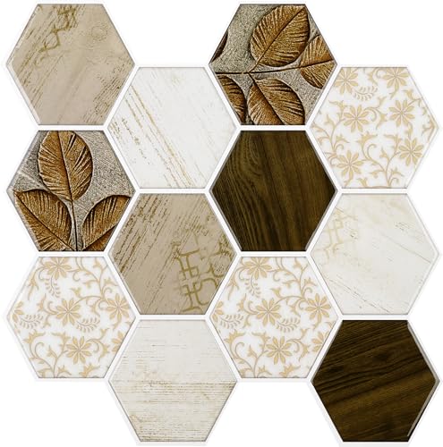 Livelynine Klebefliesen Küche 32 Stück Fliesenaufkleber Badezimmer Wasserfest Wand 30x30CM Hexagon Fliesen Selbstklebend Küche Holz Selbstklebende Wandfliesen 3D von Livelynine