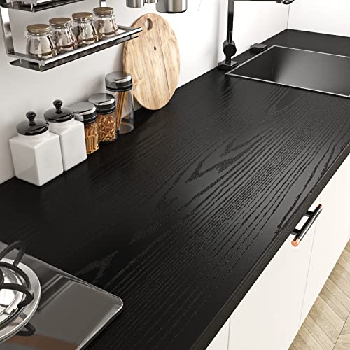 Livelynine Klebefolie Holzoptik Schwarz Möbelfolie Holz Selbstklebende Folie Arbeitsplatte Küche Klebefolien Für Schränke Möbel Küchenschränke Küchenfronten Tisch PVC Dekorfolie Schwarze 40CMx2M von Livelynine