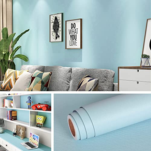 Livelynine Klebefolie Möbel Hellblau Matt Selbstklebende Tapete Türkis Wohnzimmer Schlafzimmer 40CMx5M Abwaschbar Lichtblau Folie für Möbel Küche Schrank Schreibtisch Möbelfolie Kinder Puderblau Wand von Livelynine