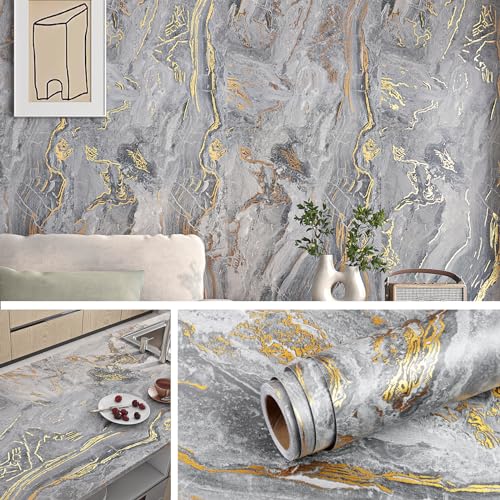 Livelynine Marmor Folie Grau Gold 40CMx10M Marmor Tapete Selbstklebend für Wand Schlafzimmer Wohnzimmer Wasserfest Folie Arbeitsplatte Küche Badezimmer Klebefolie Möbel Grau Betonoptik von Livelynine