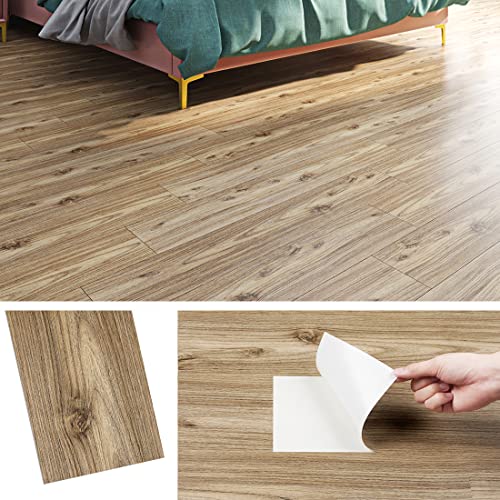 Livelynine PVC Bodenbelag Selbstklebend Holzoptik Natur Vinylboden Selbstklebend Holzoptik Tapete Sonoma Eiche Folie 90CM X 15CM Linolium Fußbodenbelag PVC Küche Wasserdicht Bodenbelag Bad, 4 Fliesen von Livelynine
