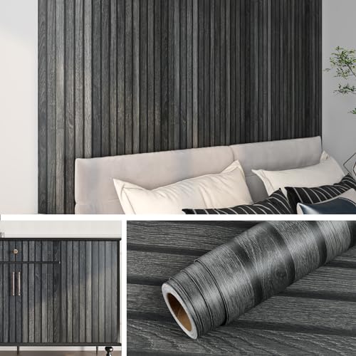 Livelynine Selbstklebende Tapete Holzoptik 3D 40CMx5M Wandtapete Selbstklebend Holz Paneele Wohnzimmer Esszimmer Klebefolie Holzoptik Dunkelgrau Möbel Wandpaneele Selbstklebend Lamellenwand Holzoptik von Livelynine