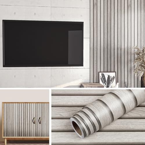 Livelynine Selbstklebende Tapete Holzoptik 3D 60cmX500cm Wandpaneele Selbstklebend Holz Grau Weiß Klebefolie Holzoptik Lamellen Tapete Selbstklebend Schlafzimmer Möbelfolie Holz-optik Schrank von Livelynine