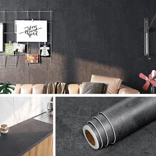 Livelynine Selbstklebende Tapete Schwarz Betonoptik 40CMx10M Abwaschbar Folie Arbeitsplatte Küche Schwarz Anthrazit Klebefolie Küchenschränke Grau Anthrazit Wand Möbelfolie Selbstklebend Tischplatte von Livelynine