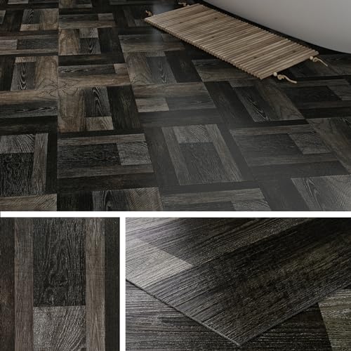 Livelynine Vinylboden Selbstklebend Holzoptik Dunkel 30x30CM Wasserdicht PVC Bodenbelag Selbstklebend Holzoptik Schwarz Bodenfliesen Selbstklebend Bad Küche Schwarz Holz Linoleum Bodenbelag, 4 Fliesen von Livelynine