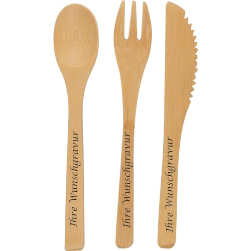 Bambus Besteck Set mit Gravur / im Baumwolletui mit Gabel, Messer und Löffel von Livepac-Office