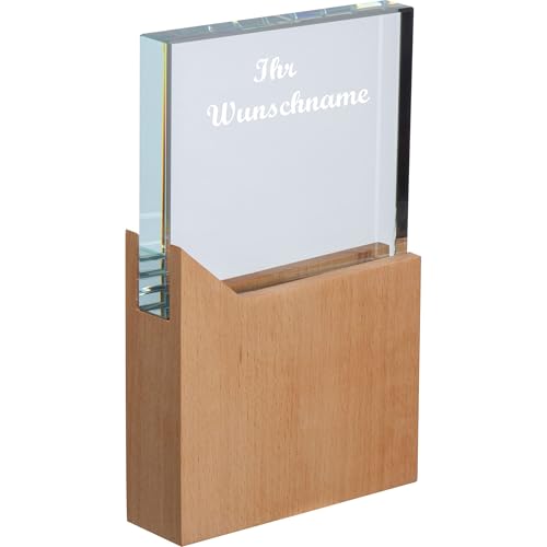 Glastrophäe mit Holzsockel mit Namensgravur - Pokal - mit Sockel aus Buchenholz von Livepac-Office
