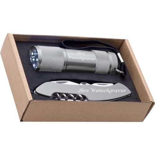 Set bestehend aus Taschenlampe und Taschenmesser mit Gravur / Farbe: silber von Livepac-Office