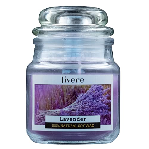 Livere Duftkerze im Glas, Lavendel, 1 Stück, 16 Std. Brenndauer, 100% Sojawachs, Höhe 8 cm / Ø 5,5 cm von Livere