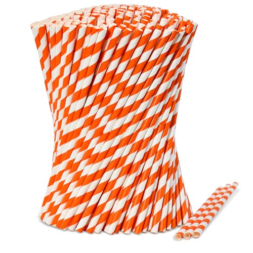 [1000 Stück] Lives on Green Orange/Weiß Streifen Papierstrohhalme - 19,7 x 0,6cm - für Bars und Restaurants, Biologisch Abbaubar und Kompostierbar von Lives on Green
