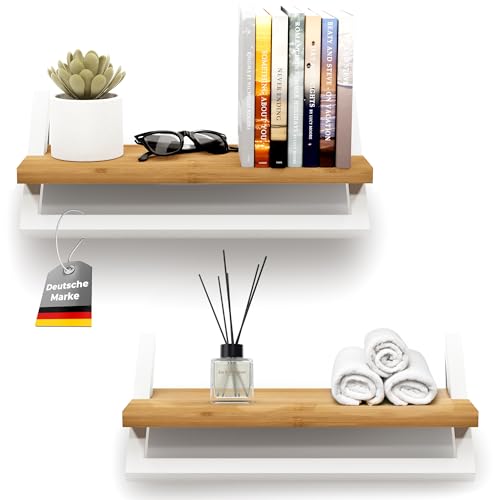LivingFox® Wandregale Holz Metall [2er Set] Regalbrett Holz Bambus 15 x 40 cm | Vielseitige Hängeregale | Bilderregale/Bücherregale Wand/Badezimmer Handtuchhalter mit Ablage | weiß von LivingFox