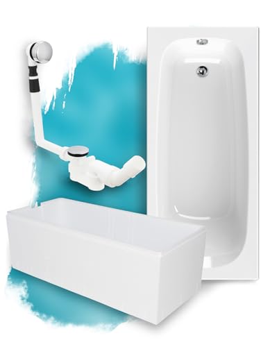 Calmwaters® Premium Badewanne Komplettset 170x75 cm Original, Made in EU, 3in1 Acryl-Badewanne mit Wannenträger & Ablaufgarnitur, Körperformbadewanne, Rechteckbadewanne 170 x 75, 200 l, Weiß von Calmwaters