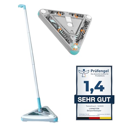 Livington Deeper Sweeper - kabelloser Akku Bodenreiniger mit 4 rotierenden Bürsten - Triangle-Design - elektrischer Kehrbesen mit LED-Licht - Akkubesen ohne Beutel - Flexibler Schwenkkopf - Besen von LIVINGTON