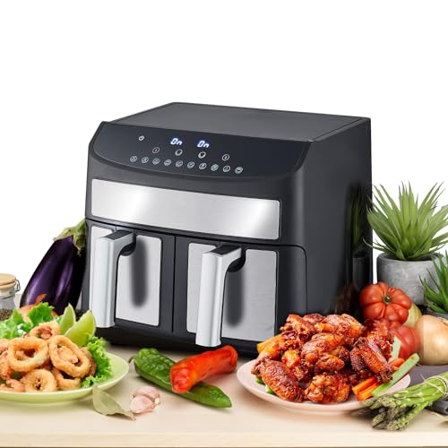 Livington Dual Air Fryer 2 Kammern Heißluftfritteuse - 4,5L Airfryer mit 12 Programmen - 2400W - Fritteuse mit Doppelkammer - 9 Funktionen - Warmhalten&Auftauen -ohne Öl von LIVINGTON