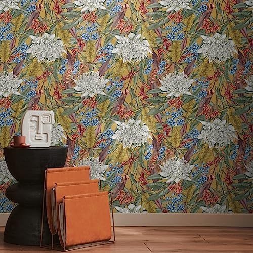 Blumentapete Gelb Bunt - Tapete Wohnzimmer Schlafzimmer 394284 - Vliestapete Dschungel - 10,05 m x 0,53 m für 5,33m² - Made in Germany von Livingwalls