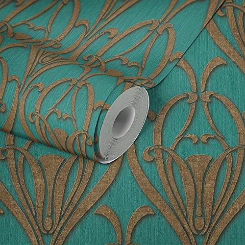 Livingwalls Barocktapete Mata Hari Tapete im Jugendstil Vliestapete petrol braun metallic mit Glitzereffekt fein strukturiert 380915 von Livingwalls