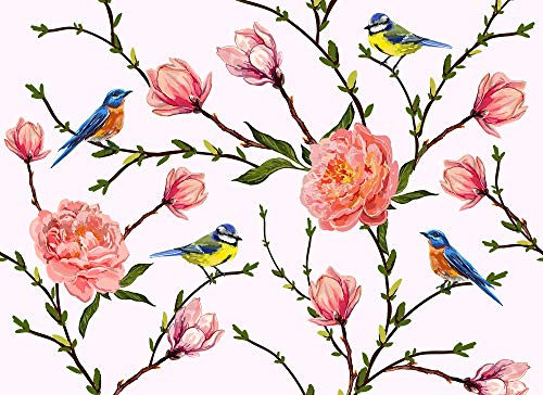 Livingwalls Fototapete Designwalls Vliestapete Little Birds Tapete mit Blumen in Blau, Braun, Gelb, Grün, Orange, Rosa, Rot, Schwarz, Weiß 350 x 255 cm XXL Wandtapete Wandbild 118538 von Livingwalls