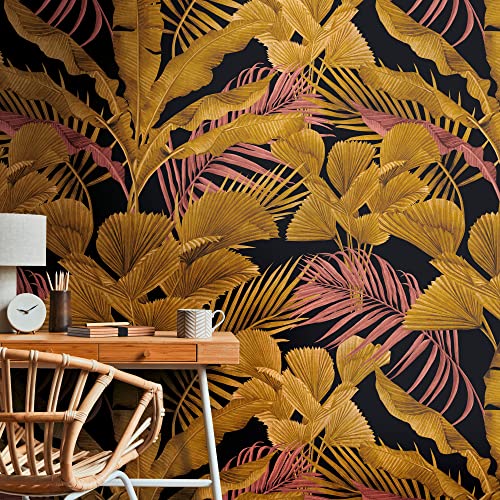 Livingwalls Travel Styles Vliestapete - Tapete mit Blattranken in Schwarz und Gold - tropische Wandtapete für verschiedene Räume in 1,59 m x 2,80 m von Livingwalls