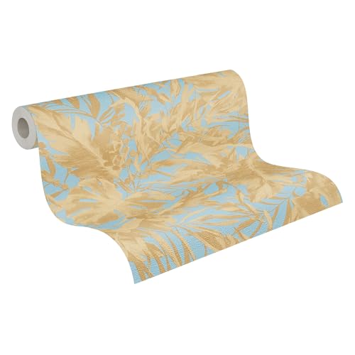 Livingwalls Vliestapete mit Blätter-Design in Blau, Gold - Exotische Dschungeltapete 10,05 m x 0,53 m by COSMOPOLITAN - 790632 von Livingwalls