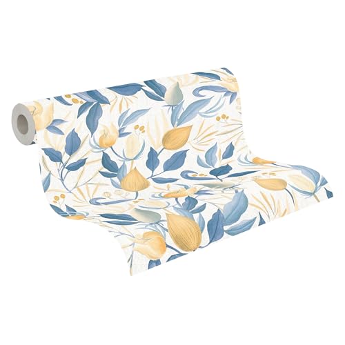 Livingwalls Vliestapete mit Blüten- & Blätter-Design in Weiß, Blau, Gelb - Florale Blumentapete 10,05 m x 0,53 m by COSMOPOLITAN - 790626 von Livingwalls