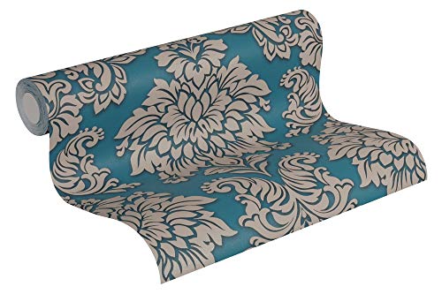 Livingwalls 368985 Metropolitan Stories Lizzy London Tapete mit Ornamenten barock Vliestapete mit Glitter beige blau metallic, 10,05 m x 0,53 m von Livingwalls