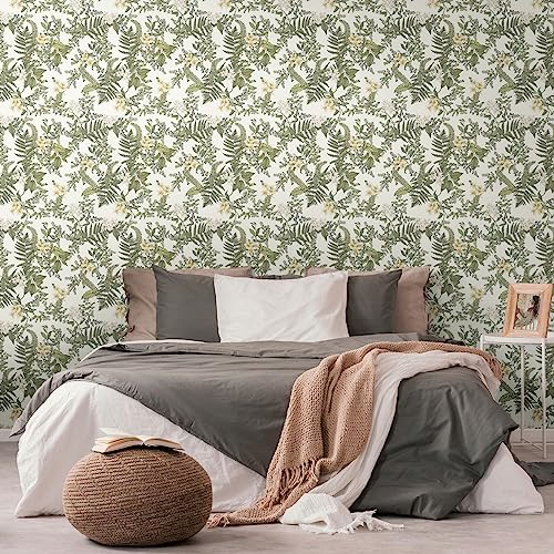 Tapete Weiß Dunkelgrün - Tapete Wohnzimmer Schlafzimmer 394243 - Vliestapete floral - 10,05 m x 0,53 m für 5,33m² - Made in Germany von Livingwalls