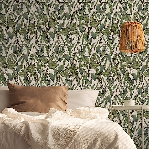 Vliestapete Dschungel Creme Grün - Tapete Wohnzimmer Schlafzimmer 394132 - Tapete Floral - 10,05 m x 0,53 m für 5,33m² - Made in Germany von Livingwalls