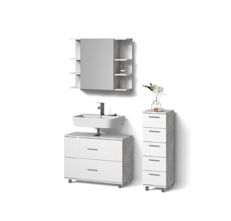 Livinity® Badmöbel-Set Eisak, Beton/Weiß/Weiß, 3 Teile, mit Unterschrank 80 cm von Livinity®