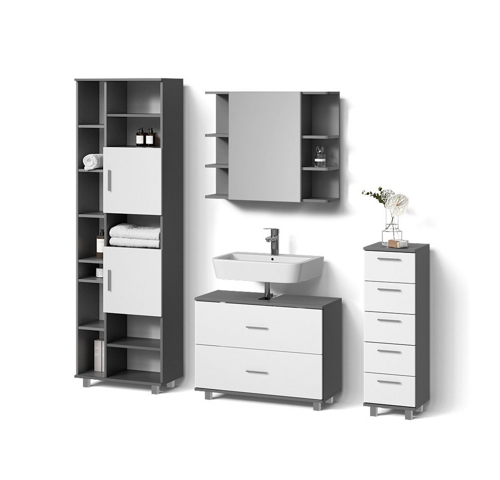 Livinity® Badmöbel-Set Eisak, Weiß/Anthrazit/Anthrazit, 4 Teile, mit Hochschrank von Livinity®