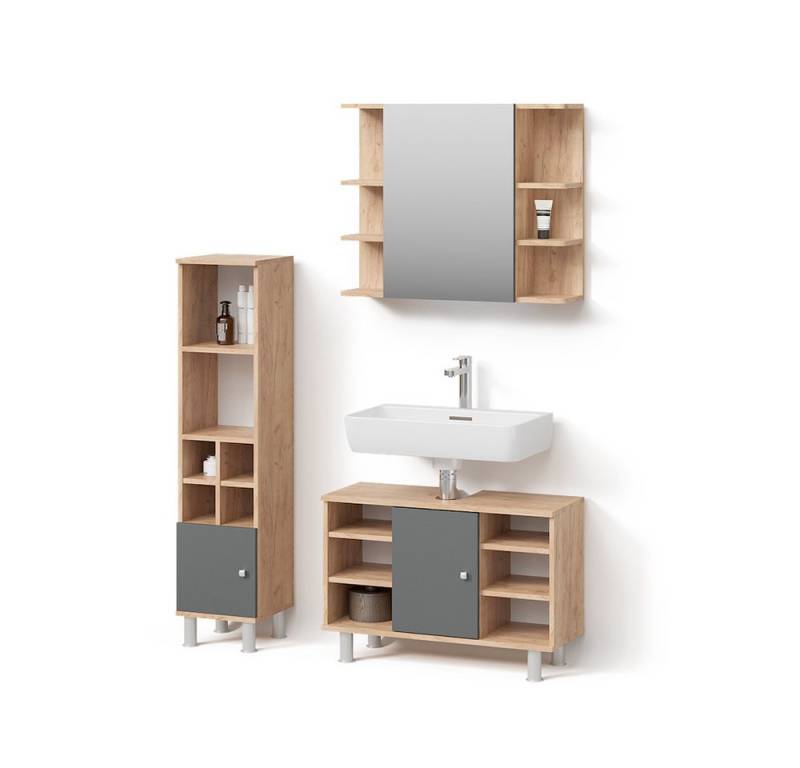 Livinity® Badmöbel-Set Fucino, Goldkraft Eiche/Anthrazit, 3 Teile, mit Midischrank Tür klein von Livinity®