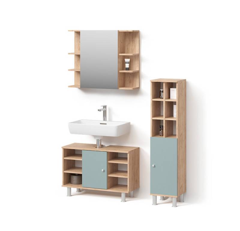 Livinity® Badmöbel-Set Fucino, Grün/Goldkraft Eiche, 3 Teile, mit Midischrank Tür groß von Livinity®